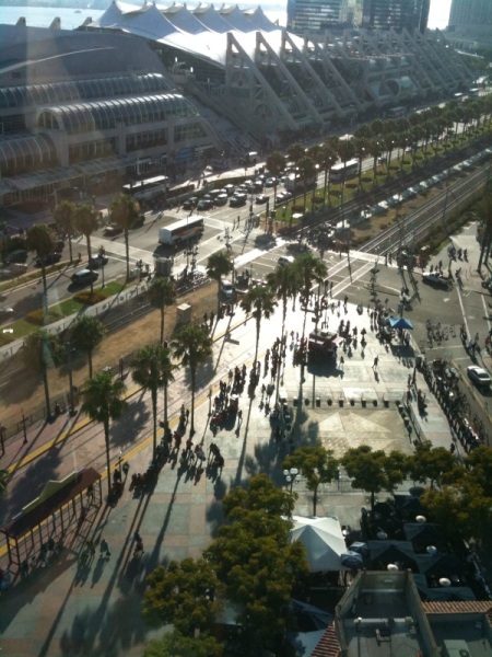 Crowds begin to form at the San Diego Convention Center (photo taken by Dave from his hotel window)
